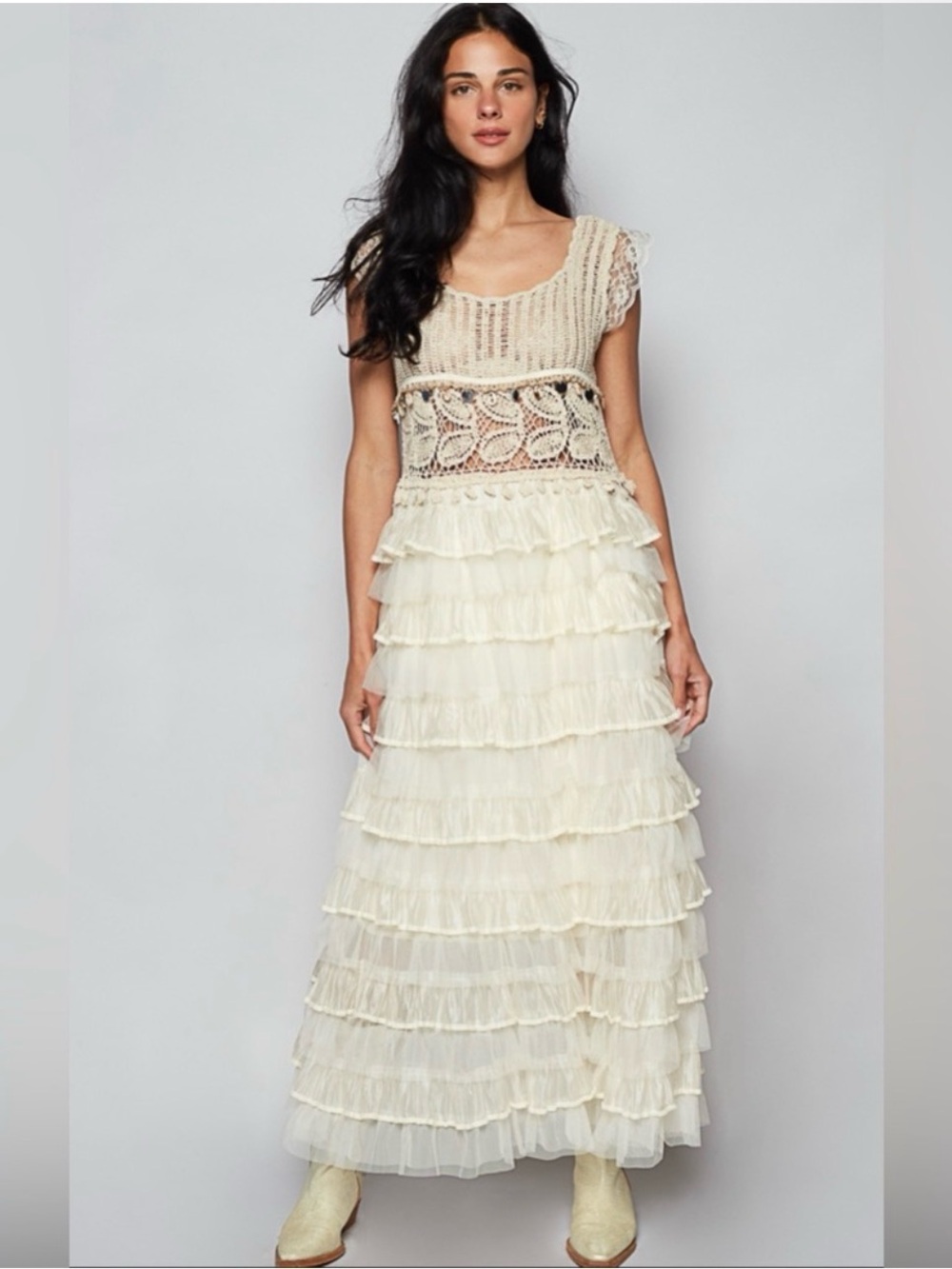 POL Boho Crochet Bodice Tiered Ruffle Maxi Dress in Cream(NWOT)
